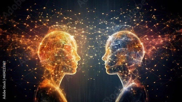 Fototapeta Two people spiritually connected, discussing and resolving problems, seen in electromagnetic and astral terms. Generative AI