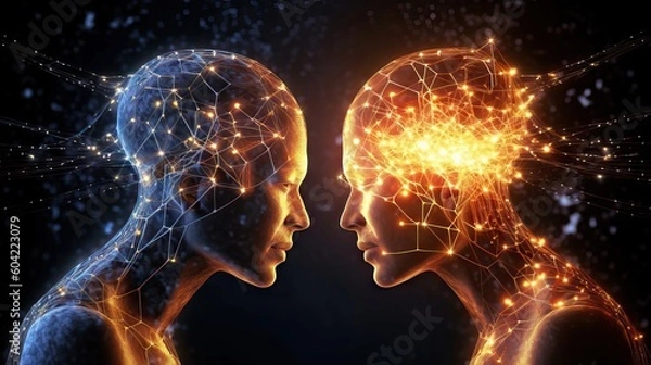 Obraz Two people spiritually connected, discussing and resolving problems, seen in electromagnetic and astral terms. Generative AI