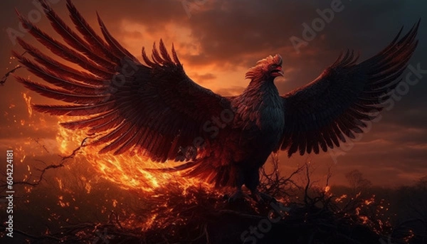 Obraz The majestic hawk spreads wings in the sunset fiery beauty generated by AI