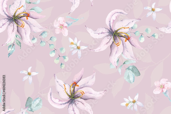 Fototapeta Seamless pattern of lillies painted in watercolor.Designed for purple flowers fabric luxurious and wallpaper, vintage style.Hand drawn botanical floral pattern illustration.Wild flower background