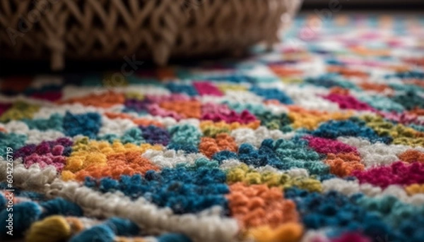 Fototapeta Woven wool rug with vibrant colors adds warmth to indoors generated by AI