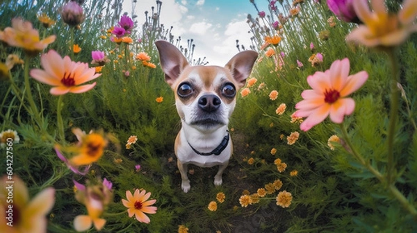 Fototapeta Generative Ai image of a cute chihuahua surrounded by a field of flowers