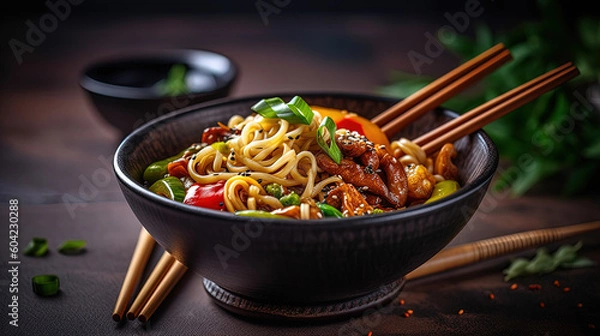 Obraz a bowl of food with chopsticks on a table