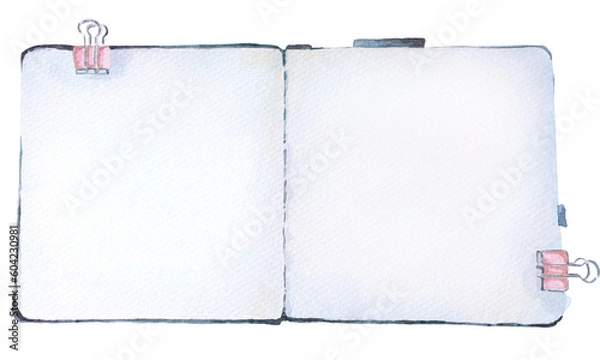 Obraz Opened vintage notebook painting with watercolors.Sketch of open notepad.Sketchbook for drawing and taking notes.