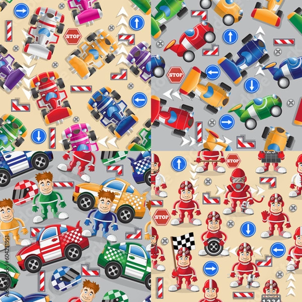 Fototapeta A set of four seamless textures on the automotive theme. Vector illustration.
