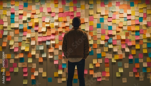 Fototapeta Successful brainstorming session with multi colored adhesive notes and creative ideas generated by AI