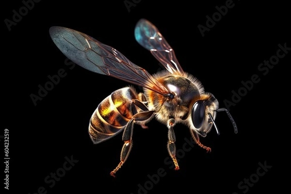 Fototapeta Honey bee isolated in black background. Generative AI