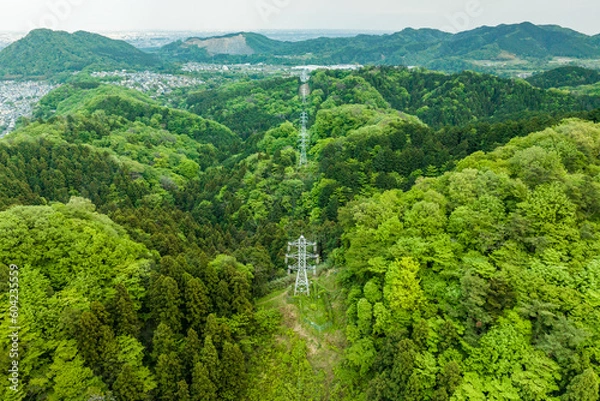 Fototapeta 山の中に建設された鉄塔・送電線・電線路・高圧線