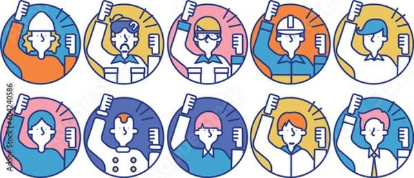 Fototapeta 多種多様な職業の男性が応援をしているシンプルなアイコンセットA（円形）