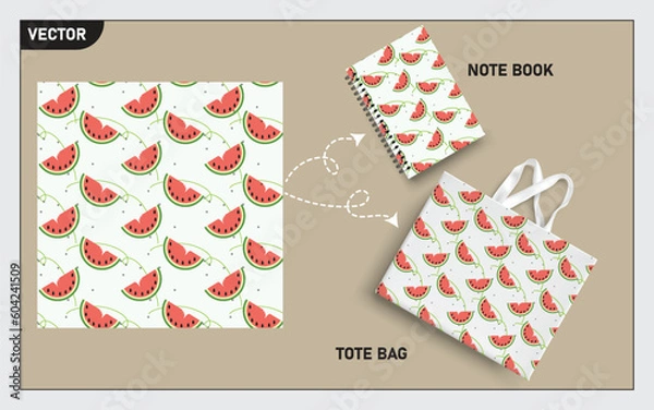 Obraz mockup tote bag and note book with slice of watermelon fruits, leaf seamless pattern.