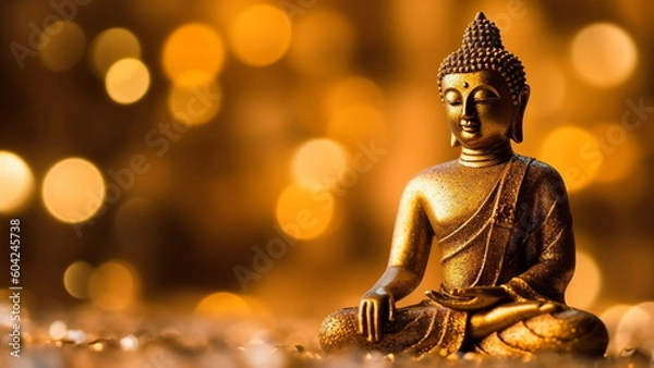 Fototapeta Golden buddha statue on golden background with blurred stardust with Generative AI.

