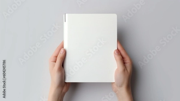 Fototapeta Hands of a woman with a notebook mock up minimalism on white background with Generative AI.