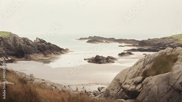 Obraz Wild coastline. Moody colors. Generative AI.