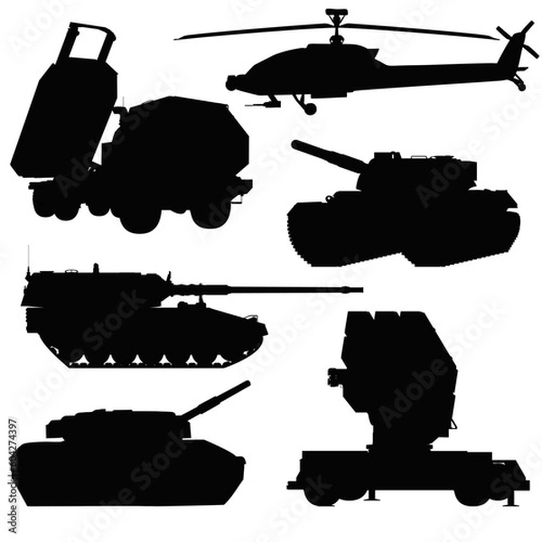 Fototapeta Military vehicles silhouette SET. HIMARS, Battle tank, Air defense system. Helicopter apache. Self-propelled howitzer. Vector illustration isolated on white background.