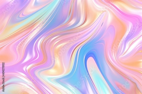 Fototapeta Texture de feuille arc-en-ciel irisée à la mode sans couture. Motif de fond en marbre licorne pastel holographique doux. Illustration de tourbillon abstrait flou nacré moderne. Ai générative 