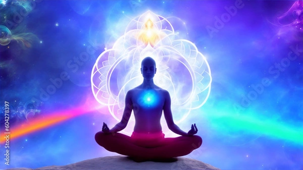 Fototapeta Concept of meditation and spiritual practice, expanding of consciousness, chakras and astral body activation, mystical inspiration image, generative ai