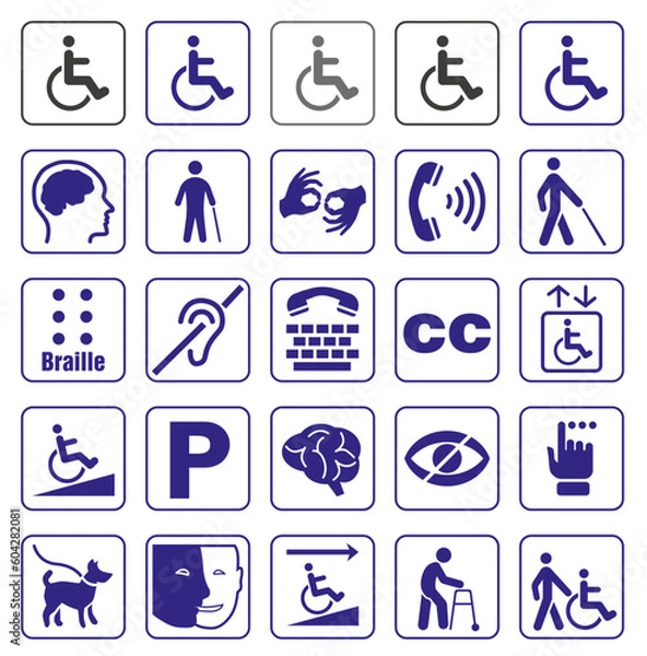 Fototapeta Set of disability icons or graphic elements with information about disability, accessibility icons for people with disabilities or people with disabilities icons.