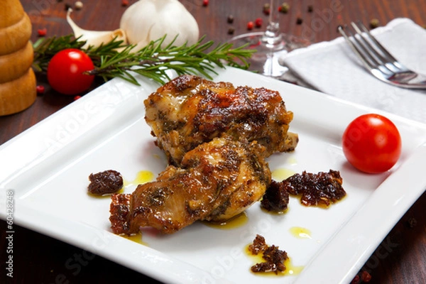 Fototapeta baked rabbit with tomatoes in a dish