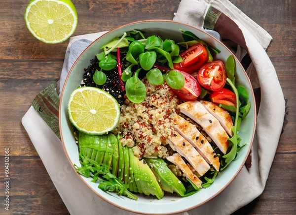 Fototapeta Healthy salad bowl with quinoa, avocado, tomatoes and grilled chicken breast on wooden background. Generated AI