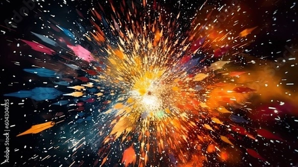 Fototapeta A bright, abstract background featuring exploding digital particles, shot with a fisheye lens under artificial light, using a high contrast film for a striking, energetic feel - Generative ai