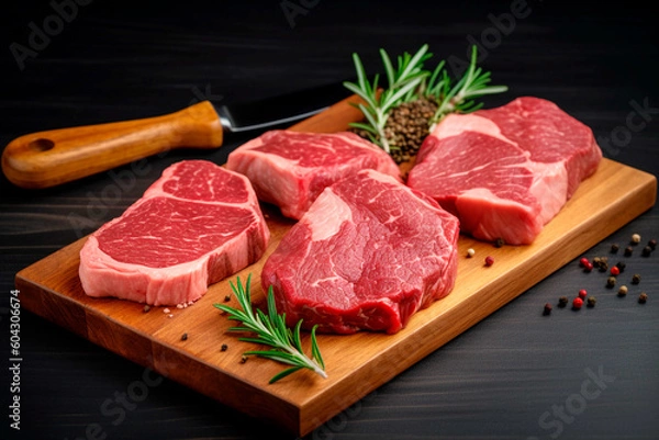 Fototapeta Set of raw meat steaks on cutting board. Generative AI