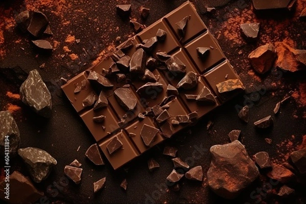 Fototapeta Vue de dessus des morceaux de barre de chocolat avec des pépites de chocolat sur fond de métal rouillé. Ai générative 