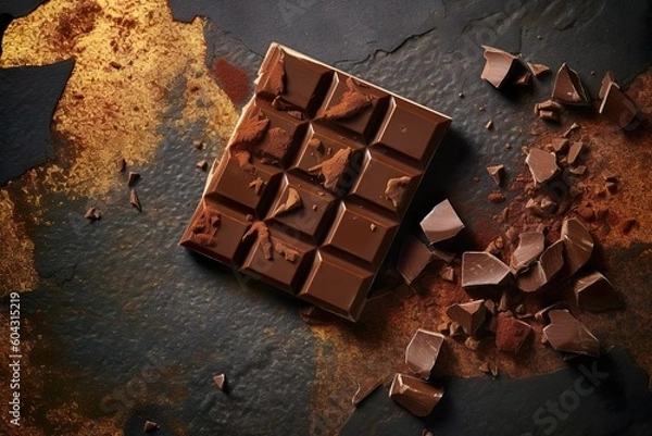 Fototapeta Vue de dessus des morceaux de barre de chocolat avec des pépites de chocolat sur fond de métal rouillé. Ai générative 