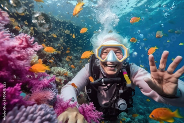 Fototapeta  elderly woman dives in the ocean and discovers a coral reef with lots of colorful fish, generative ai