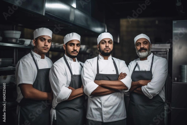 Fototapeta Portrait of a chef and his kitchen team. Generative AI