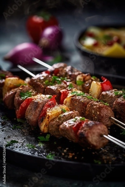 Fototapeta Grilled meat skewers, shish kebab. Juicy and tasty grilled shashlik. Generative AI