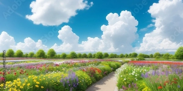 Obraz 青空快晴の花畑　白い雲　generative ai