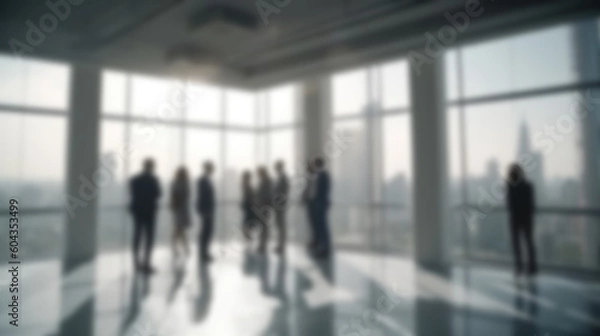 Obraz Blurred image of a group of people managers negotiating in an office with a wide view of a spacious room with large windows, generated by AI