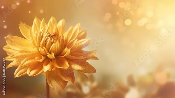 Fototapeta Golden dahlia background, close-up of dahlia bloom, blurred focus. Luxury dreamy background. Generative AI.