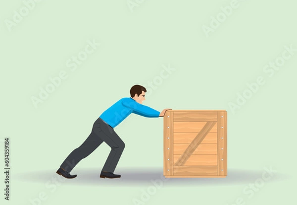 Obraz Physics, chemistry. Man pushing a heavy wooden container. Vector illustration