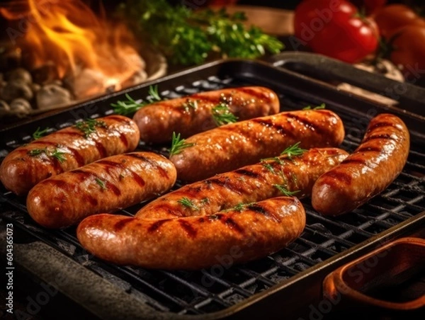 Obraz Grilled sausages food grilling. Generative AI