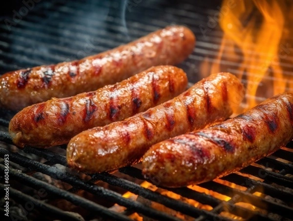 Fototapeta Grilled sausages food grilling. Generative AI