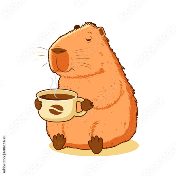 Fototapeta Capybara is holding a cup of coffee. Isolated on a white background. Vector stock illustration.