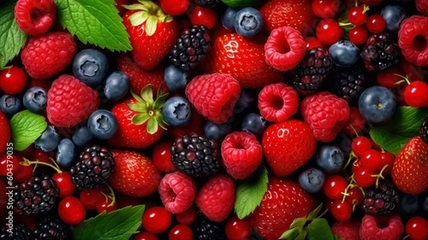 Fototapeta Various fresh summer berries. Top view generative ai
 