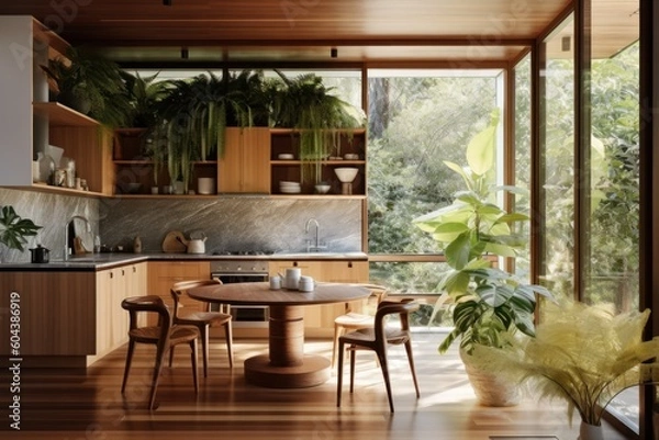 Fototapeta natural kitchen and dining table with bamboo plant