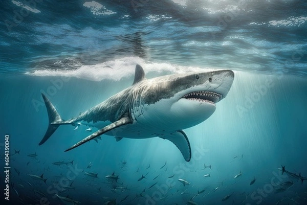 Fototapeta A great white shark near the surface next to a fish in the blue ocean