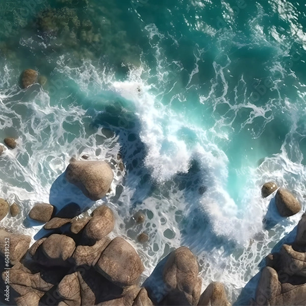 Fototapeta Ocean waves on the rocks as a background. Beautiful natural summer vacation background holiday. Aerial top down view of rocks and sea with blue water