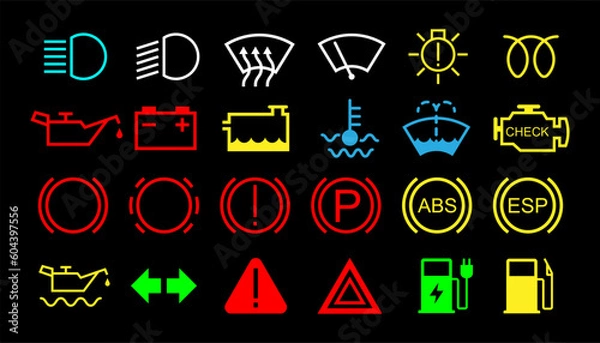 Fototapeta Car dashboard icon set. Vehicle service and warning symbol sign collection. Vector illustration image.