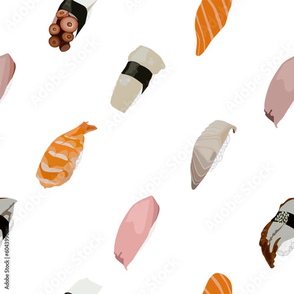 Fototapeta Sushi and rolls seamless pattern. Vector background of sushi, rolls