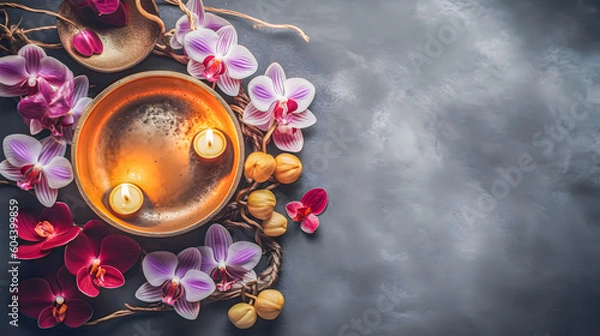 Fototapeta wellness design with orchids and swimming candels burning in a bowl on a wooden table in top view and copyspace at the right