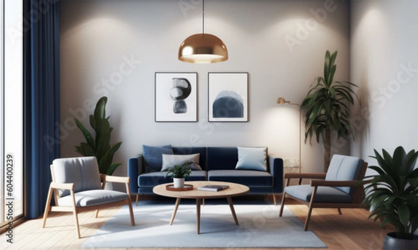 Fototapeta Transform Your Home Decor with Modern Interior Featuring Blue Sofa, Curtains, Armchair, Table, Posters, and Wooden Accessories, Generative AI.
