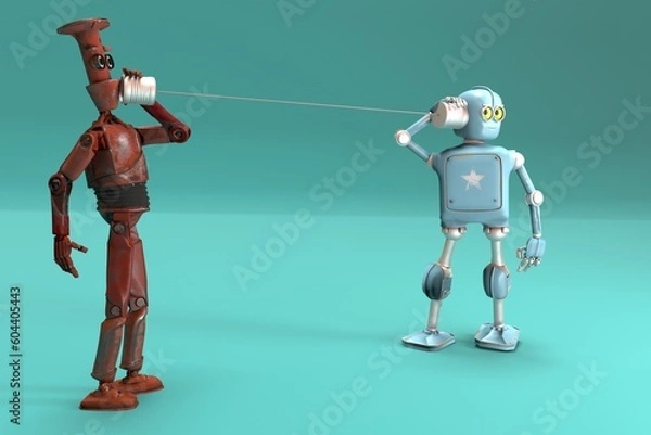Fototapeta Retro two robots talking on tin can phones. 3d render