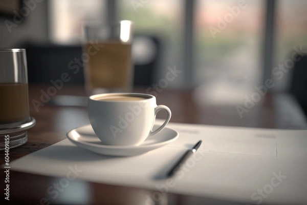 Obraz A cup of coffee and a pen with paper on a table in a cafe. AI generative.