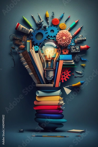 Fototapeta Ai generated illustration of  stationery form a light bulb,creative thought process