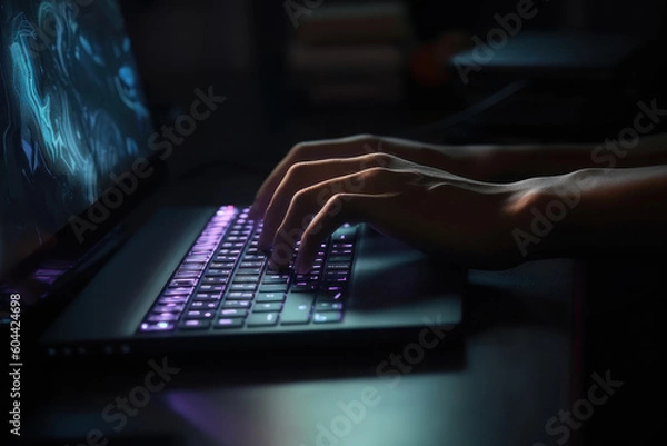 Fototapeta A woman's hands are typing on a laptop keyboard. AI generative.