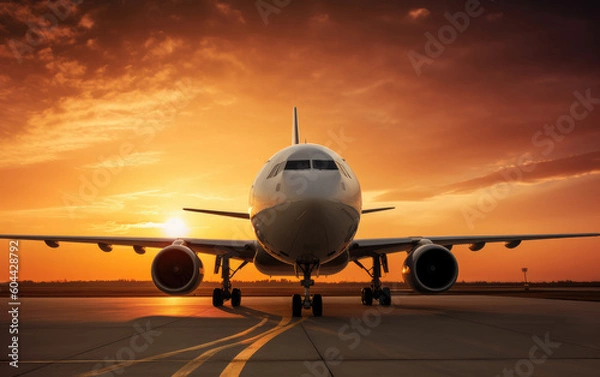 Fototapeta Airport banner, modern aircraft on airfield with sunlight, Generative AI
